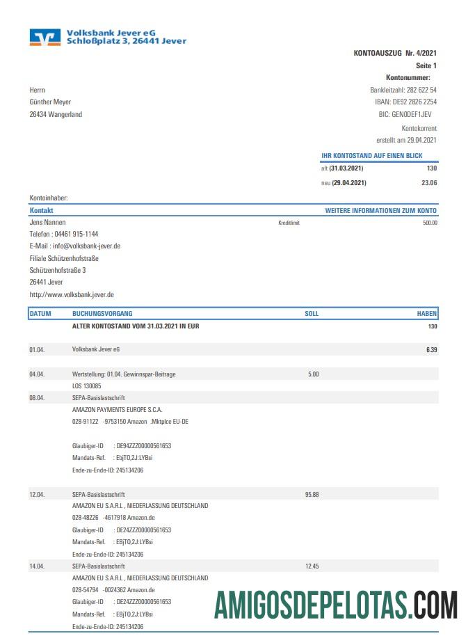 Exemplo de PDF do Volksbank Jever da Alemanha em Excel